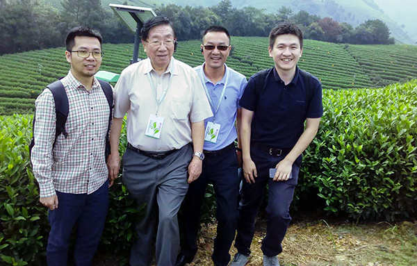 陳宗懋院士、陳渝陽董事長、陳曦經(jīng)理在茶園殺蟲燈面前合影